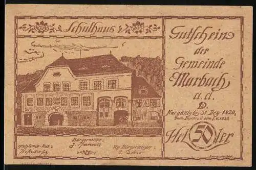 Notgeld Marbach 1920, 50 Heller, Schulhaus-Motiv