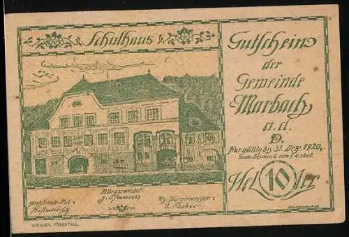 Notgeld Marbach 1920, 10 Heller, Schulhaus-Motiv