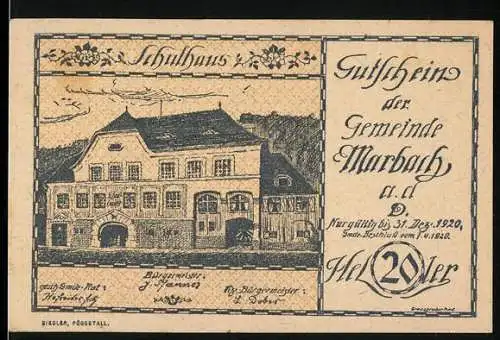 Notgeld Marbach 1920, 20 Heller, Schulhaus-Motiv