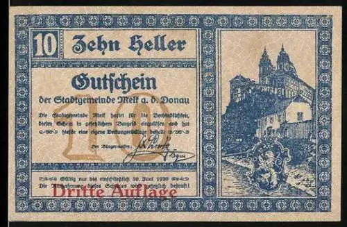 Notgeld Melk 1920, 10 Heller, Abtei-Motiv mit Stadtansicht und Wappen, Dritte Auflage