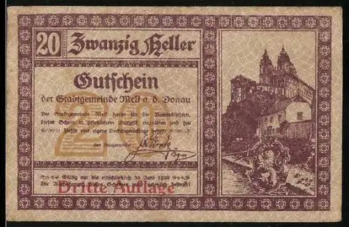 Notgeld Melk 1920, 20 Heller, Stift Melk und Löwenwappen, Dritte Auflage