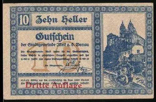 Notgeld Melk 1920, 10 Heller, Stadtansicht mit Kloster und Verzierungsmuster