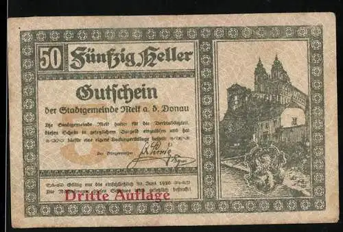 Notgeld Melk 1920, 50 Heller, Stadtansicht mit Gebäude und Wappen, Dritte Auflage