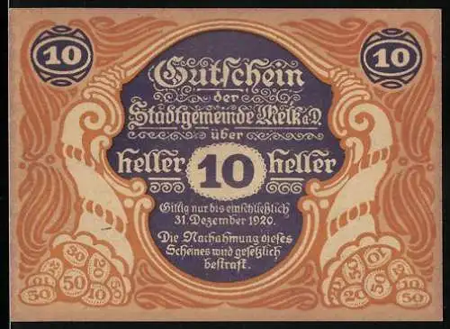 Notgeld Melk 1920, 10 Heller, Stadtansicht mit Turm und Wappen