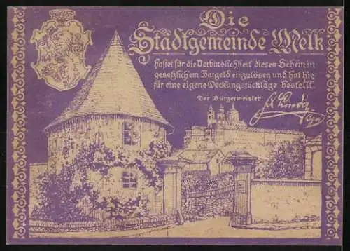 Notgeld Melk 1920, 10 Heller, Stadtansicht mit Turm und Wappen