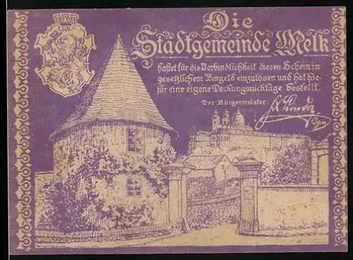 Notgeld Melk 1920, 10 Heller, Stadtszene mit Wappen und barockem Muster