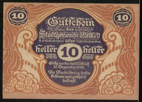 Notgeld Melk 1920, 10 Heller, Stadtszene mit Wappen und barockem Muster