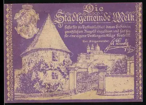 Notgeld Melk 1920, 10 Heller, mit Wappen und Burgansicht