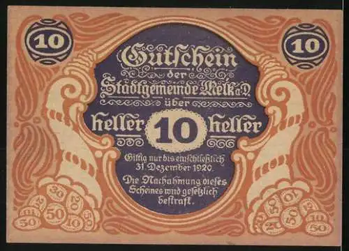 Notgeld Melk 1920, 10 Heller, mit Wappen und Burgansicht