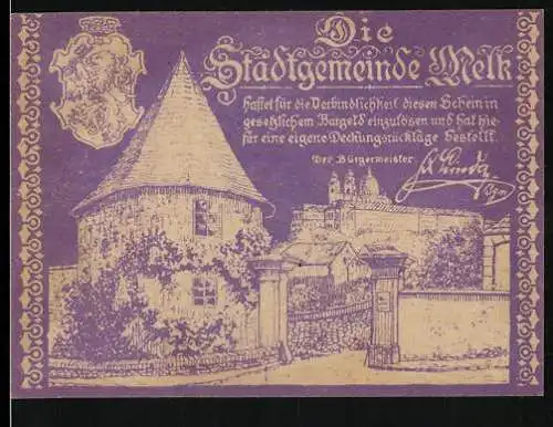 Notgeld Melk 1920, 10 Heller, Burgansicht und Wappen der Stadtgemeinde Melk