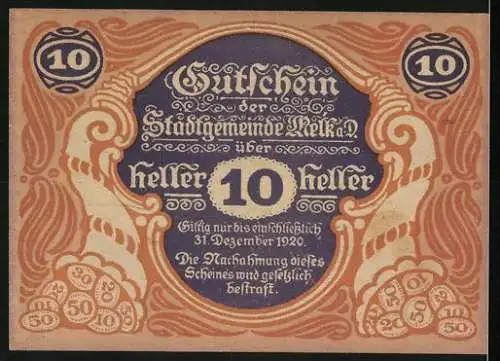 Notgeld Melk 1920, 10 Heller, Burgansicht und Wappen der Stadtgemeinde Melk