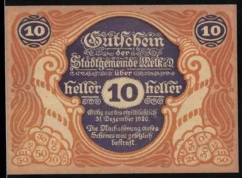 Notgeld Melk 1920, 10 Heller, Stadtansicht mit Burg und Wappen