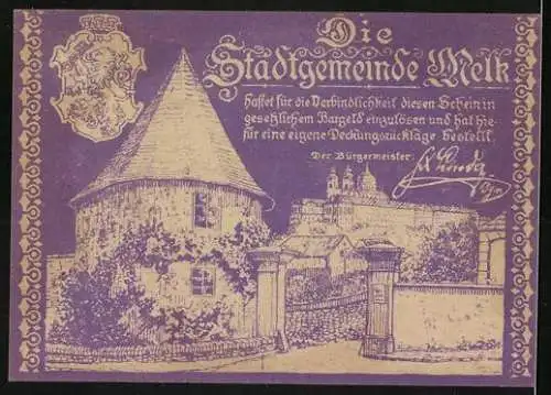 Notgeld Melk 1920, 10 Heller, Stadtansicht mit Burg und Wappen