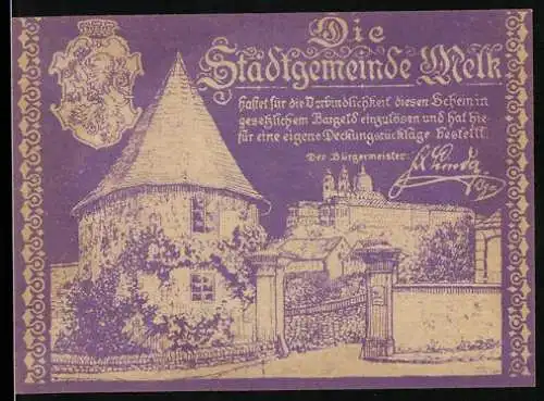 Notgeld Melk 1920, 10 Heller, Stadtturm und Stadtansicht, Wappen und dekoratives Muster