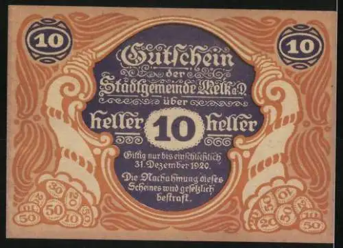 Notgeld Melk 1920, 10 Heller, Stadtturm und Stadtansicht, Wappen und dekoratives Muster