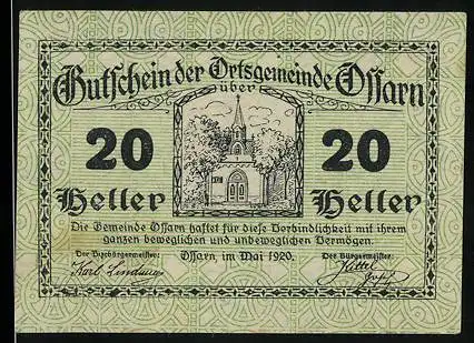 Notgeld Ossarn 1920, 20 Heller, Kirche und Text über Gültigkeit