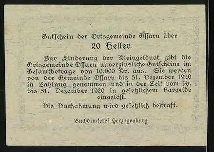 Notgeld Ossarn 1920, 20 Heller, Kirche und Text über Gültigkeit