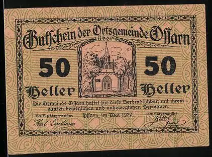 Notgeld Ossarn 1920, 50 Heller, Kirche und dekorativer Rahmen