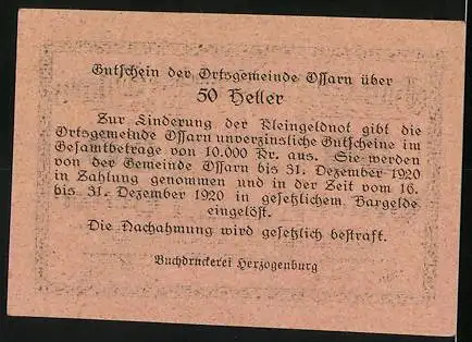 Notgeld Ossarn 1920, 50 Heller, Kirche und dekorativer Rahmen