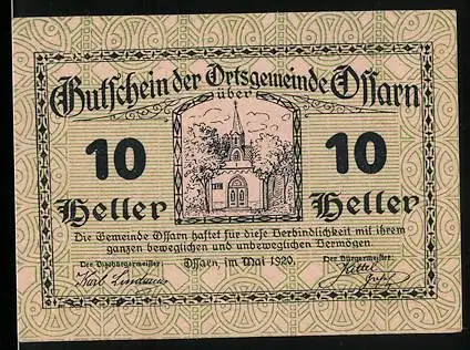 Notgeld Ossarn 1920, 10 Heller, Kirche und Landschaftsmotiv