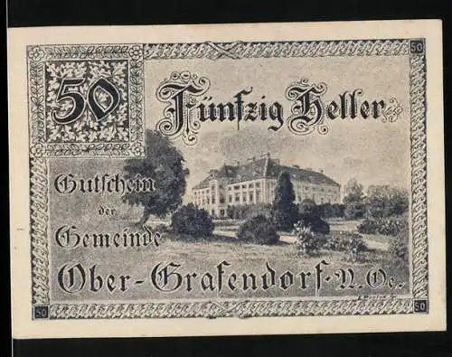 Notgeld Ober-Grafendorf 1920, 50 Heller, Schlossansicht, Gemeindewappen