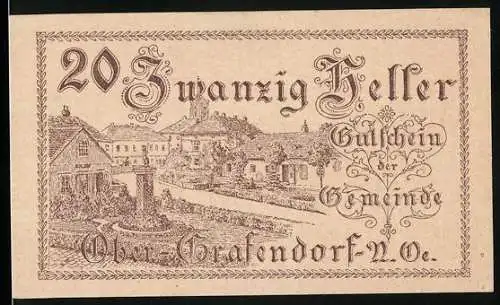 Notgeld Ober-Grafendorf 1920, 20 Heller, ländliche Dorfszene