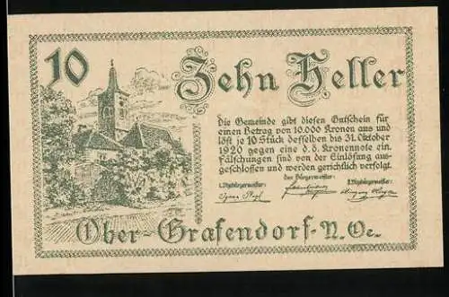 Notgeld Ober-Grafendorf 1920, 10 Heller, Landschaft mit Kirche und Eichenblättern