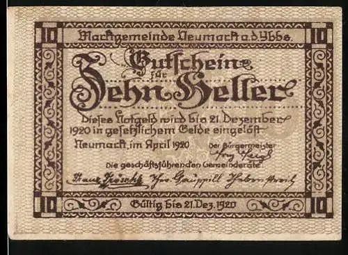 Notgeld Neumarkt 1920, 10 Heller, Stadtansicht mit Gebäuden und Ornamenten