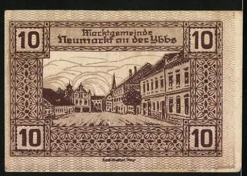 Notgeld Neumarkt 1920, 10 Heller, Stadtansicht mit Gebäuden und Ornamenten