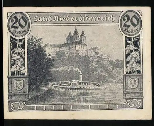 Notgeld Wien 1920, 20 Heller, Melk Stift mit Dampfschiff, Wappen und Seriennummer enthalten