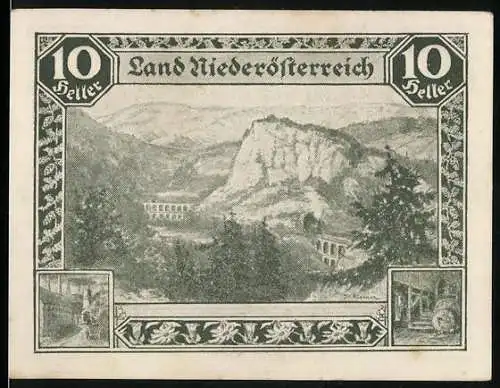 Notgeld Wien - Niederösterreich 1920, 10 Heller, Landschaft mit Viadukt und Fabrikszene