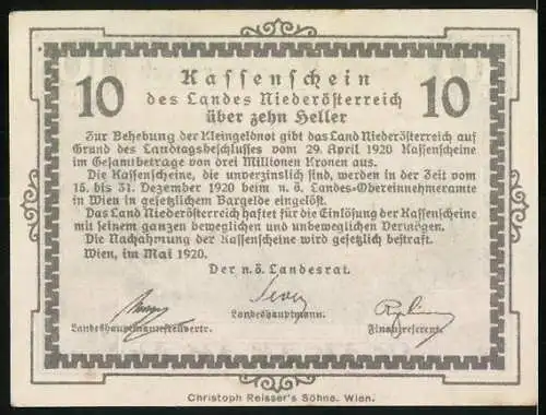 Notgeld Wien - Niederösterreich 1920, 10 Heller, Landschaft mit Viadukt und Fabrikszene