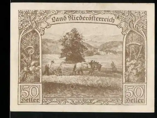 Notgeld Wien / Niederösterreich 1920, 50 Heller, ländliche Szene mit Pflug und Pferden, florale Verzierungen