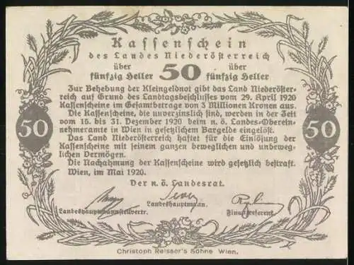 Notgeld Wien / Niederösterreich 1920, 50 Heller, ländliche Szene mit Pflug und Pferden, florale Verzierungen