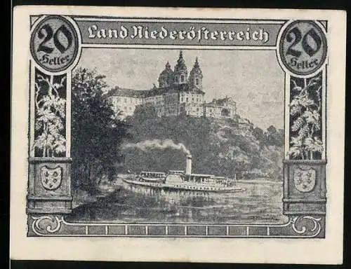 Notgeld Wien / Niederösterreich 1920, 20 Heller, Dampfschiff vor Abtei auf Hügel, Wappen und Eichenlaubornamente