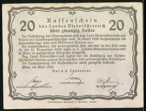 Notgeld Wien / Niederösterreich 1920, 20 Heller, Dampfschiff vor Abtei auf Hügel, Wappen und Eichenlaubornamente