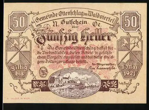 Notgeld Ottenschlag 1921, 50 Heller, Landschaftsmotiv und Wappen, gültig bis 1. Mai 1921