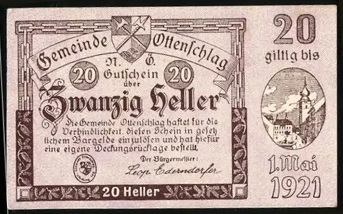 Notgeld Ottenschlag 1920, 20 Heller, Stadtansicht und Wappen, gültig bis 1. Mai 1921