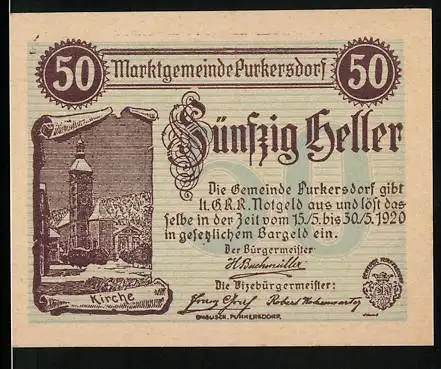 Notgeld Purkersdorf 1920, 50 Heller, Kirche und Text, Seriennummer und Wappen vorhanden