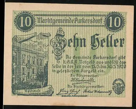 Notgeld Purkersdorf 1920, 10 Heller, Rathaus-Abbildung und Text mit Unterschriften