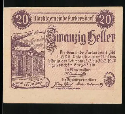 Notgeld Purkersdorf 1920, 20 Heller, Erbpostamt-Motiv