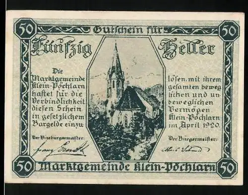 Notgeld Klein-Pöchlarn 1920, 50 Heller, Kirche und Wappen mit Justitia-Motiv