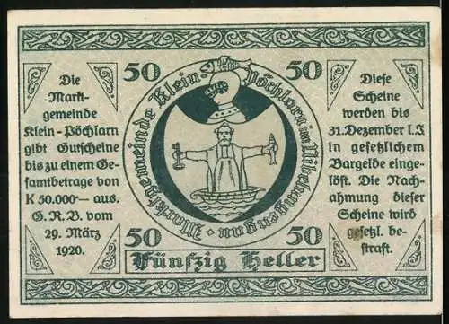 Notgeld Klein-Pöchlarn 1920, 50 Heller, Kirche und Wappen mit Justitia-Motiv