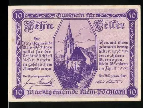 Notgeld Klein-Pöchlarn 1920, 10 Heller, Kirche und Wappen mit Justitia-Motiv