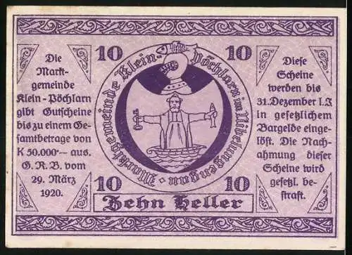 Notgeld Klein-Pöchlarn 1920, 10 Heller, Kirche und Wappen mit Justitia-Motiv