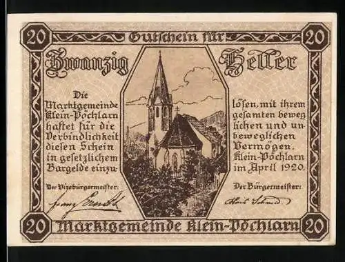 Notgeld Klein-Pöchlarn 1920, 20 Heller, Kirche und Wappen mit Justitia-Motiv