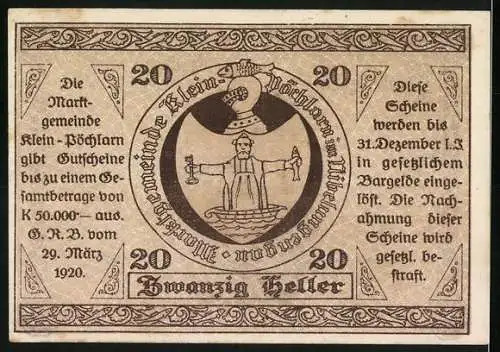 Notgeld Klein-Pöchlarn 1920, 20 Heller, Kirche und Wappen mit Justitia-Motiv