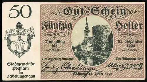 Notgeld Pöchlarn 1920, 50 Heller, Stadtansicht mit Turm und Ruine, Wappen und Unterschriften