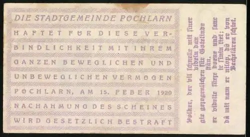 Notgeld Pöchlarn 1920, 50 Heller, Stadtansicht mit Turm und Ruine, Wappen und Unterschriften