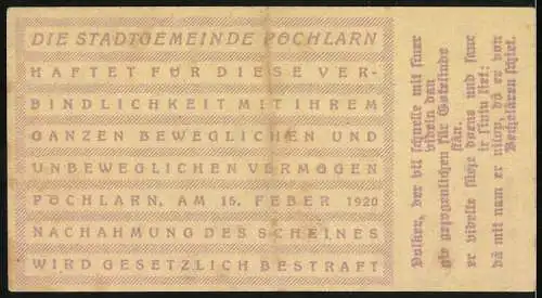 Notgeld Pöchlarn 1920, 60 Heller, Stadtansicht mit Kirche und Burg, Wappen und Unterschriften